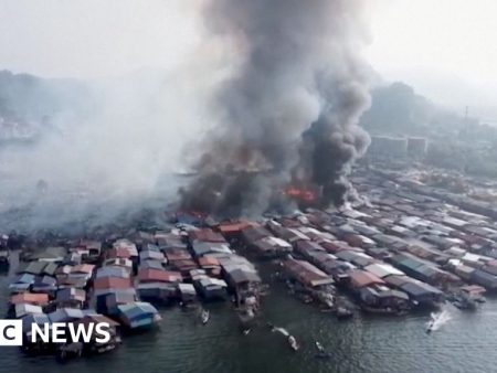 Drone footage shows huge Malaysian coastal village fire