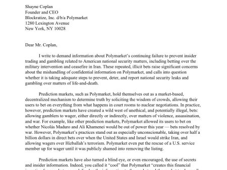 Polymarket’s Shayne Coplan Faces Heat as Sen. Blumenthal Demands Answers on War-Time Bets