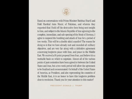 White House confirms two-week suspension of strikes on Iran