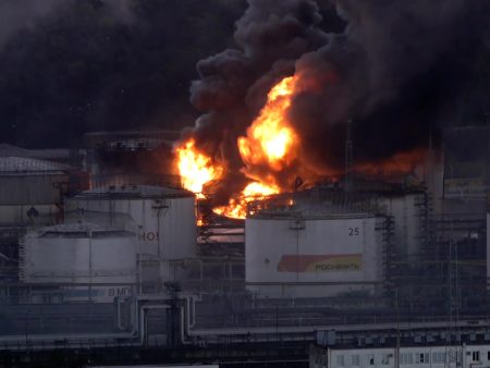 Fires ignited by Ukrainian drones rage at Russian oil refinery