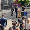 Podium and speakers placed on Downing Street
