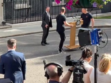 Podium and speakers placed on Downing Street